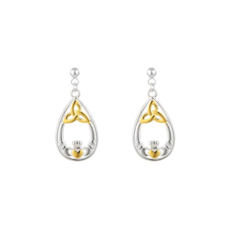 Silver Sterling and Spot Gold Trinity and Claddagh Drop Earrings